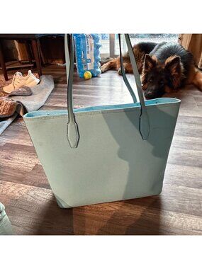 Kate Spade New York Light Blue Leather Tote Bag With Long Straps & Open Top Desi